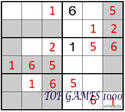 Fill in numbers from 1 to 6 in the blank cells in a way that there is no repetition of digits in any row
